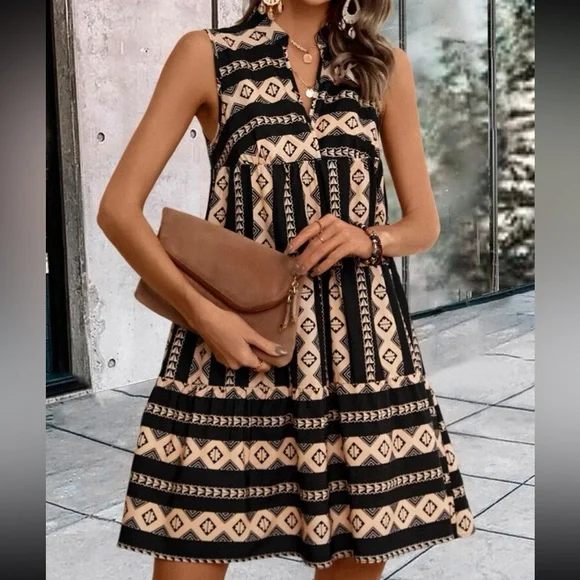 Boho Geometric Abstract Print Sleeveless Collar Dress - Picture 11 of 12